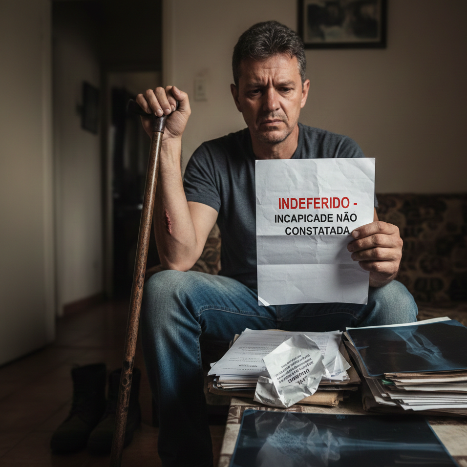Homem segurando documento de indeferimento do INSS após acidente